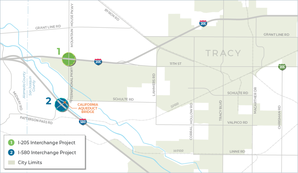 Map showing location of the I-205 Interchange Project at the instersection of International Parkway and I-205, and the I-580 Interchange Project at the intersection of I-580 and International Parkway. The City limits of Tracy are also shown.